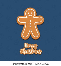 Gingerbread man cookie christmas greetings blue background