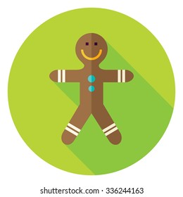 Gingerbread Man Cookie Circle Icon. Flat Design Vector Illustration with Long Shadow. Merry Christmas and Happy New Year Symbol.