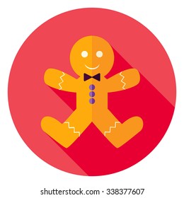 Gingerbread Man Cookie Circle Icon. Flat Design Vector Illustration with Long Shadow. Merry Christmas and Happy New Year Symbol.