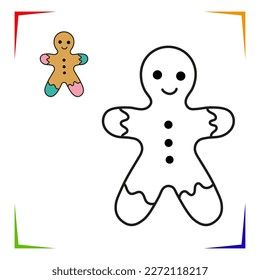 Gingerbread man cookie Coloring Page. Vector Educational worksheet colored by sample. Paint game. Elements for coloring book, page, printing, design illustrations in the style of outline for kids.