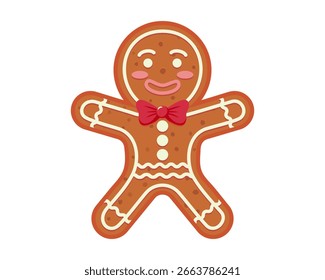 Gingerbread man cookie decorated with icing and red bow tie on white background. Vector illustration. Christmas and winter holiday concept. Design for greeting card and poster.