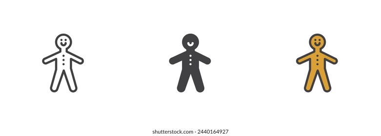 Gingerbread man cookie different style icon set. Line, glyph and filled outline colorful version, outline and filled vector sign. Symbol, logo illustration. Vector graphics