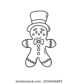 Gingerbread man cookie in hat with bow and buttons with glaze in black contour isolated on white background. Hand drawn vector sketch illustration in doodle engraved vintage line art style. Christmas