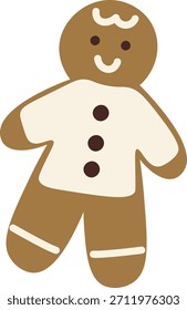 Galleta de hombre de jengibre con Botones helados y sonrisa, pose inclinada con Formas limpias y contorno audaz. Símbolo de placer de vacaciones, calidez, festividad, comodidad y nostalgia. Ilustración vectorial de dibujos animados.