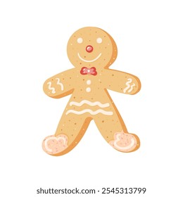 Biscoito de gengibre isolado em fundo branco. Cozimento festivo caseiro. Sobremesa doce de Natal com decoração gelada. Ilustração plana desenhada à mão vetorial