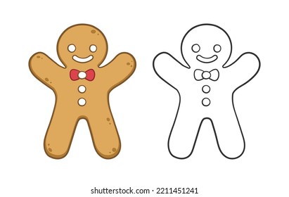 Gingerbread man cookie outline and colored doodle cartoon illustration set. Winter Christmas food theme coloring book page activity for kids.