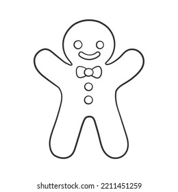 Gingerbread man cookie outline doodle cartoon illustration. Winter Christmas food theme coloring book page activity for kids.