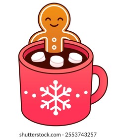 Gingerbread man cookie relaxing in hot chocolate cup with marshmallows. Modern cute cartoon vector illustration. Merry Christmas greeting card.