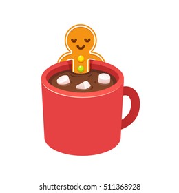 Gingerbread man cookie relaxing in hot chocolate cup with marshmallows on Christmas morning. Modern cute cartoon greeting card vector illustration.