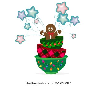 Gingerbread man cookie relaxing in hot chocolate cup with marshmallows on Christmas morning. Modern cute cartoon greeting card  illustration.