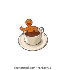 Gingerbread man cookie relaxing in hot chocolate cup on Christmas morning. Vector cartoon illustration isolated on white background. 