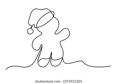 Gingerbread man cookie in Santa hat, line art style vector