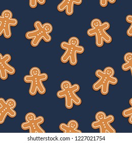 Gingerbread man cookie seamless pattern blue background