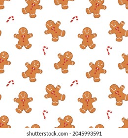 Gingerbread man cookie seamless pattern. Christmas cookies gingerbread man holding a candy cane vector illustration. Gingerbread man stock seamless pattern. Christmas pattern