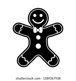 Gingerbread man cookie silhouette black icon vector, flat sign, isolated on white,  Holiday sweet cookie illustration. Symbol of Merry Christmas and Happy New Year. 