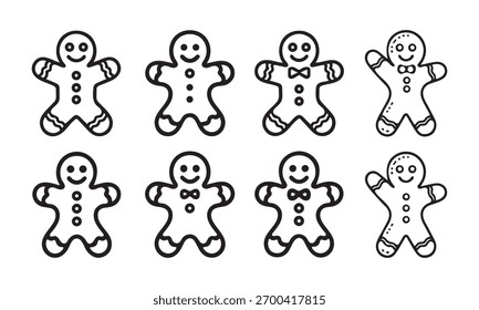 Vector de conjunto de iconos de arte de línea de silueta de galleta de hombre de jengibre aislado sobre fondo blanco.