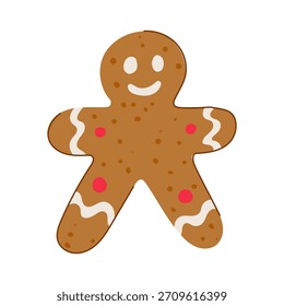 Gingerbread man cookie standing isolated on white, decorated with white icing smile, wavy lines on arms and legs, and red sugar dots, representing a festive seasonal treat