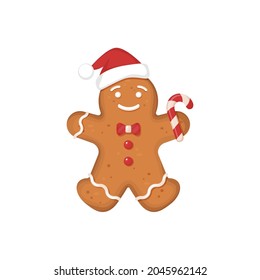 Gingerbread man cookie stock vector illustration. Christmas cookies gingerbread man holding a candy cane vector illustration. Gingerbread man in santa claus hat on white isolated background