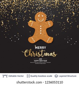 Gingerbread man cookie and text on dark banner. Traditional Christmas decorative treat. New Year holiday background template.