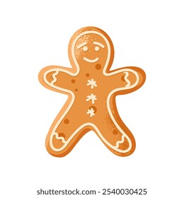 Gingerbread Man cookie. Traditional Christmas baking with glaze drawing. Winter Holiday symbol, festive treats. Tasty homemade Christmas cookie. Vector isolated on white background. Sweet pastrie.