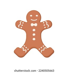 Gingerbread man cookie. Vector illustration of sweet homemade snack with icing for winter holidays. Cartoon cute ginger biscuit isolated on white background. Christmas, dessert concept