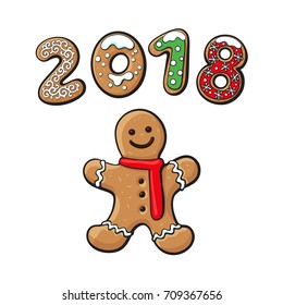 Gingerbread Man cookie vector isolated illustration on a white background. New year 2018 baked candy numbers on the background of cartoon sweet cake man. Traditional winter holiday home treat