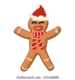 Gingerbread man cookies in the cap of Santa Claus on a white background. Vector illustration.