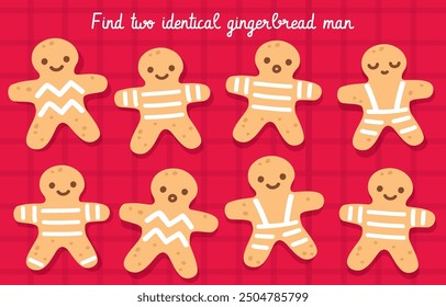 Gingerbread man cookies in different decoration. Find two identical game. Logical puzzle, brain teaser for children. Traditional sweet xmas gingerbread men.