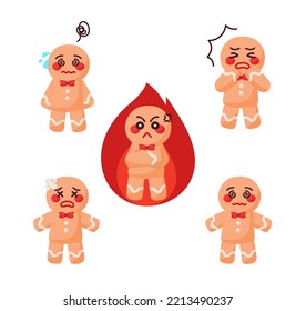 Gingerbread Man Cookies With Different Emotion Collection Set. Merry Christmas Happy Holiday Modern Sweet Candy Decoration Vector Illustration. Confuse, Angry, Shock, Omg, Pain, Chaos.