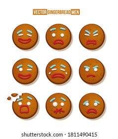 Gingerbread man cookies faces with different emotions set. Christmas candy decoration vector illustration. Happy, cheerful, cute, sad, angry, funny icons. Traditional sweet xmas ginger biscuits.