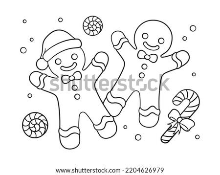 Gingerbread man cookies with peppermint and candy cane outline line art doodle cartoon illustration. Winter Christmas theme coloring book page activity for kids and adults.