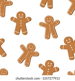 Gingerbread Man Cookies Seamless Pattern, Christmas Holiday Cute Background. Vector Illustration