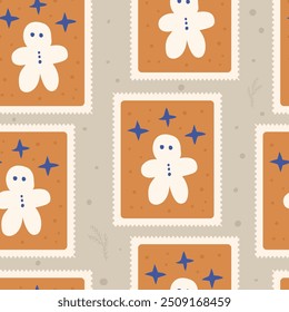 Gingerbread man cookies seamless pattern. Winter holiday repeat background. Happy New Yea square stickers endless design. Vector flat hand drawn illustration.
