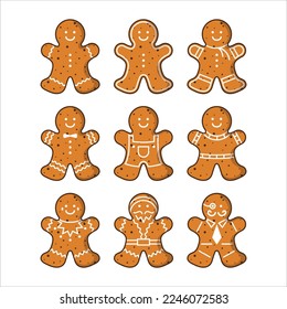 Gingerbread man cookies set for Christmas. Isolated on white background. Vector illustration.