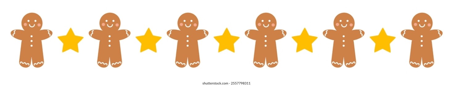 Gingerbread man cookies and stars Christmas pattern border. Vector illustration.