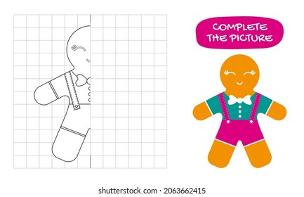 Gingerbread Man. Copy the symmetrical pattern across the cells. Drawing task for children on the grid, educational vector illustration. Coloring book page with color sample.