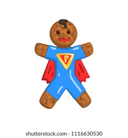 Gingerbread man in costume, Christmas character with funny face vector Illustration on a white background