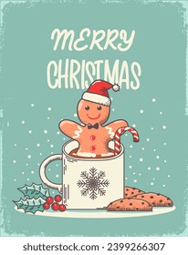 Gingerbread Man in cup of chocolate vector vintage card. Vector Christmas card background with holly berry decorations and chocolate cookies on old vintage paper texture background.
