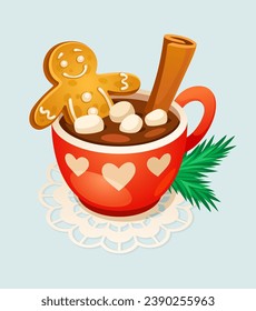 Gingerbread man in cup. Gingerbreads funny men relax at coffee mug with marshmallow, christmas morning breakfast homemade ginger biscuit cartoon cookie vector illustration of cartoon christmas holiday