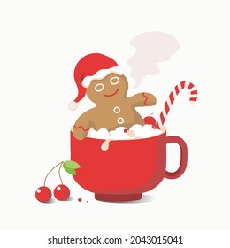 Gingerbread man in a cup. New Year Christmas. Sweets, dessert. Festive design elements. Vector illustration, background isolated.