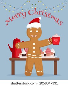 Hombre de pan de jengibre con bizcochos, tetera y taza de café o cacao. Feliz tarjeta de felicitación de Navidad o afiche. ilustración vectorial de caracteres de Navidad