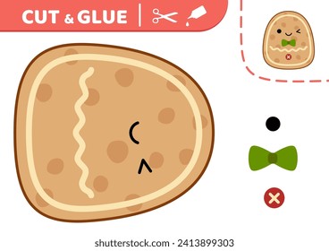 Gingerbread man.  Cut and glue. Kawaii gingerbread. Squishmallow. Applique. Paper game. Vector