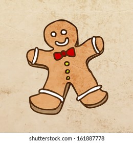 Gingerbread Man. Cute Christmas Hand Drawn Vector illustration, Vintage Paper Texture Background