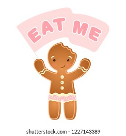 Gingerbread man cute cookie icon holding sign flag, isolated on white, logo iilustration
