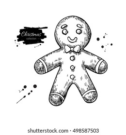 Gingerbread man decorated with icing. Hand drawn vector illustration. Traditional Christmas ginger cookie. Isolated Xmas holiday dessert.