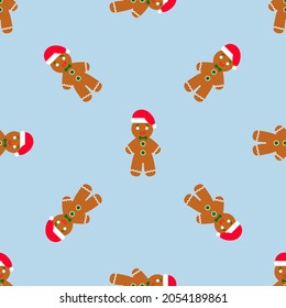 Gingerbread man is decorated in Xmas hat on blue background. Seamless vector pattern for new year's day, Christmas, winter holiday, cooking, new year's eve. Cute Xmas background.