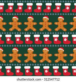 Gingerbread man is decorated in xmas hat with xmas stockings and stars. Seamless Vector pattern for new year's day, christmas, winter holiday, cooking, new year's eve, food, etc. Cute xmas background.