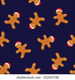 Gingerbread man is decorated in xmas hat on polka dots background. Seamless vector pattern for new year's day, christmas, winter holiday, cooking, new year's eve, food, etc. Cute xmas background.