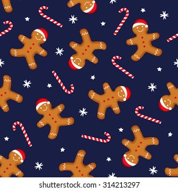 Gingerbread man is decorated in xmas hat and candy cane on dark blue background. Seamless vector pattern for new year's day, christmas, winter holiday, cooking, new year's eve. Cute xmas background.