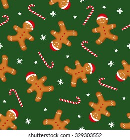 Gingerbread man is decorated in Xmas hat and candy cane on green background. Seamless vector pattern for new year's day, Christmas, winter holiday, cooking, new year's eve. Cute Xmas background.